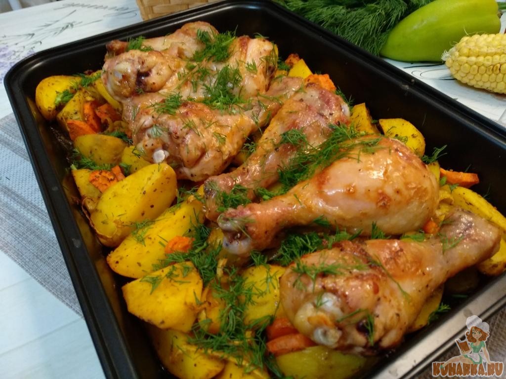 Куриные окорочка с картошкой в духовке – рецепт с фото пошагово